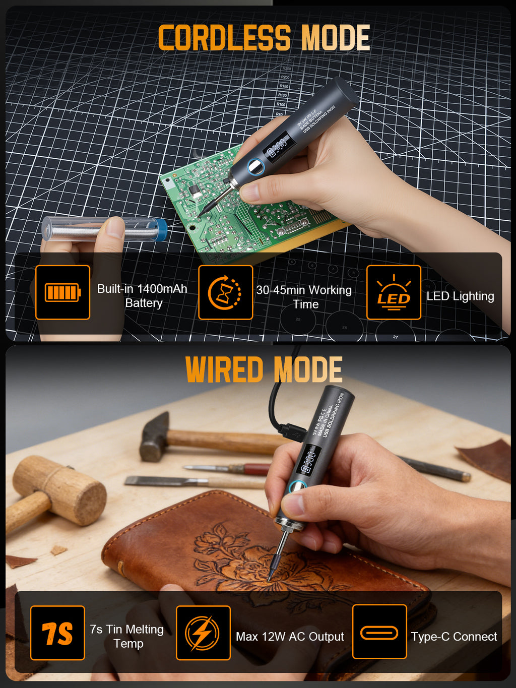 Cordless Soldering Iron Kit, 1400mAh Rechargeable Cordless Soldering Iron, 7 Seconds Fast Heating(500°F-788℉), LED Light and Adjustable Temperature, Soldering Iron for Electric Repairs, DIY