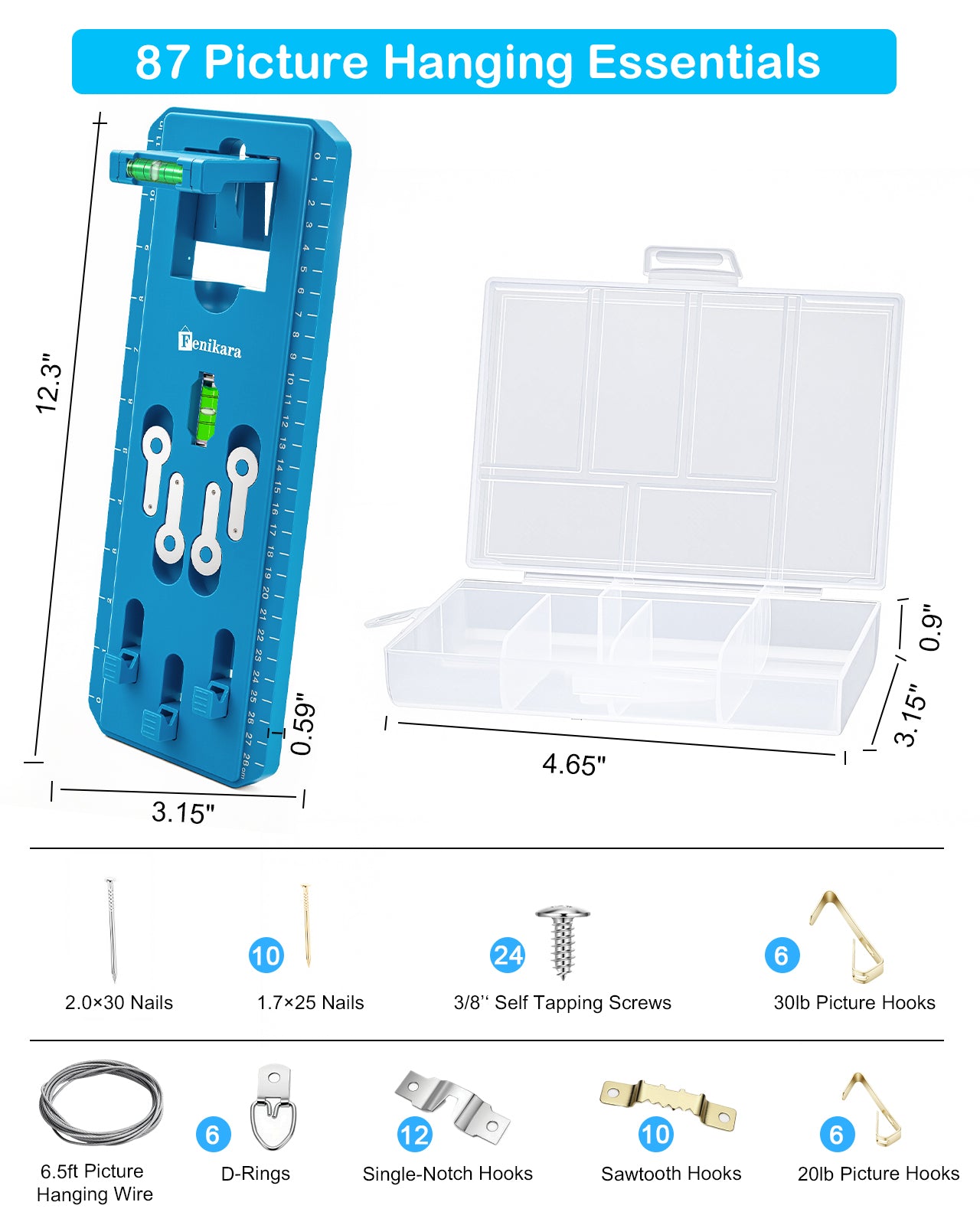 Picture Hanging Kit with Level, Multifunctional Picture Hanging Tool, 86Pcs Picture Hangers with Heavy Duty Picture Hanging Hooks, Sawtooth, Wire, Nails, Wall Hangers for Frame, Painting, Art, Photo